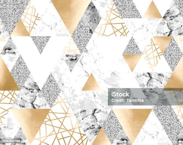 Seamless Geometric Pattern With Gold Metallic Lines Silver Glitter Gray And Marble Triangles Stock Illustration - Download Image Now