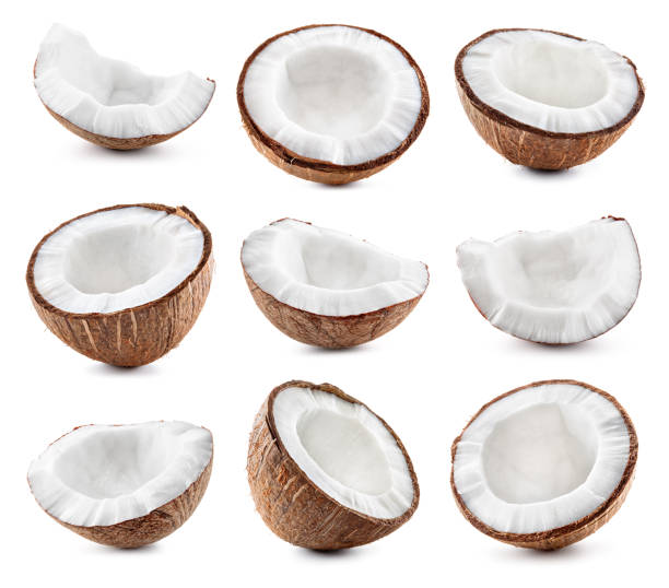 Coconut slice and coconut chunk set Coconut half, coconut slice and coconut chunk set. Isolate on white. coconut photos stock pictures, royalty-free photos & images