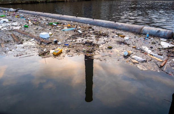 problème environnemental: le plastique dans l'eau, arrêté par une barrière, dans l'eau le reflet d'une cheminée d'usine - disposable cup plastic beer bottle photos et images de collection