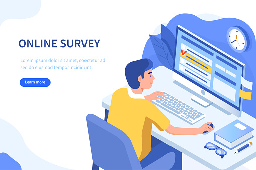 Online survey or questionnaire concept. Can use for web banner, infographics, hero images. Flat isometric vector illustration isolated on white background.