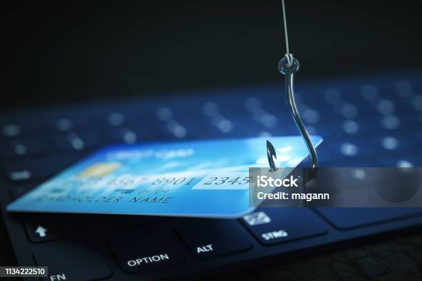 Phishing Credit Card Data With Keyboard And Hook Symbol Stock Photo - Download Image Now