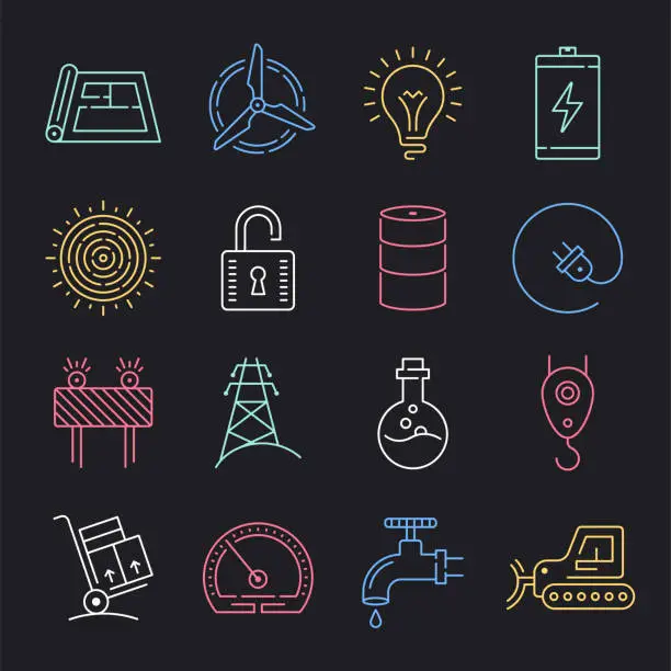 Vector illustration of Innovation in Energy Industry Neon Style Vector Icon Set