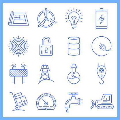 Modern household electricity demand blueprint style concept outline symbols. Line vector icons set for infographics and web designs.