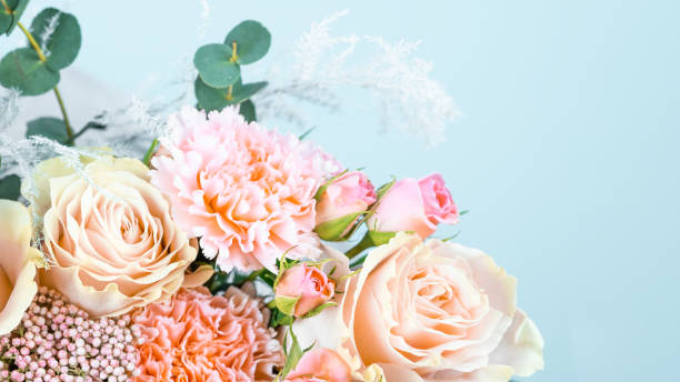 青の背景にピンクのカーネーションとバラのクローズアップと美しいブーケ。 - bouquet rose wedding flower ストックフォトと画像
