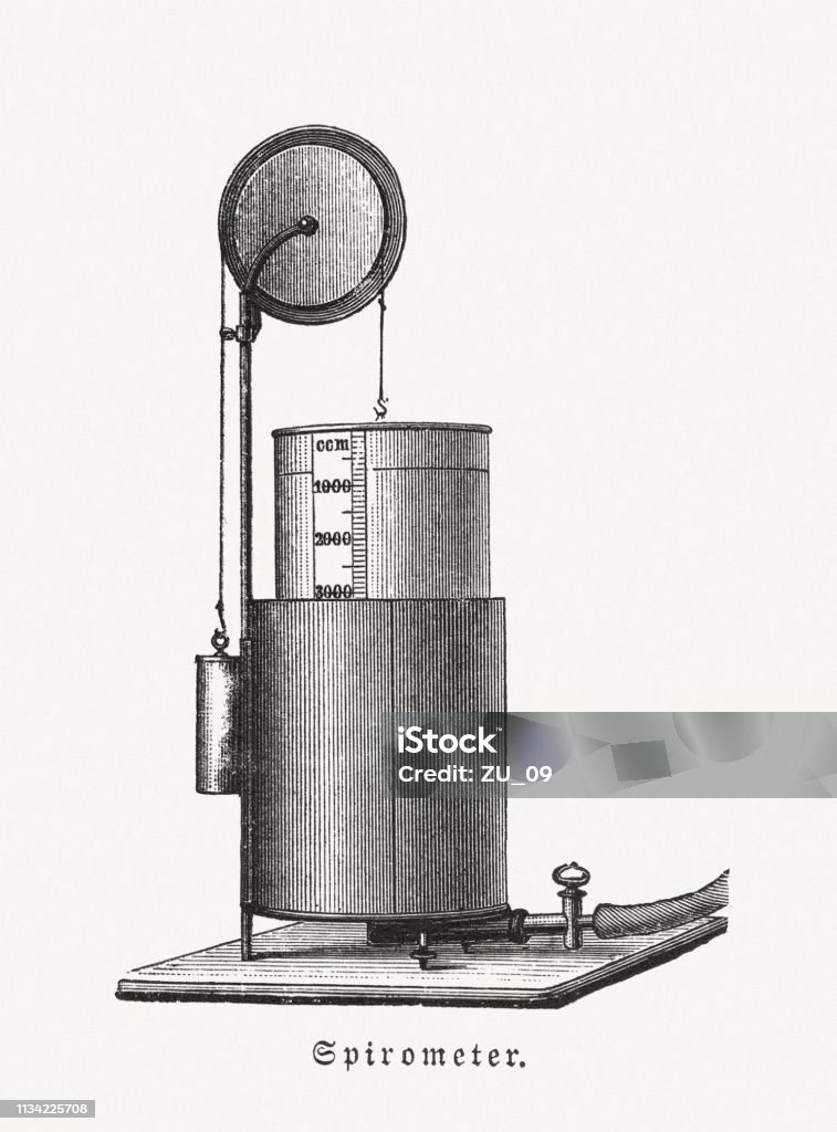 Historical spirometer, wood engraving, published in 1897 Historical spirometer. A spirometer is an apparatus for measuring the volume of air inspired and expired by the lungs. Wood engraving, published in 1897. 19th Century stock illustration