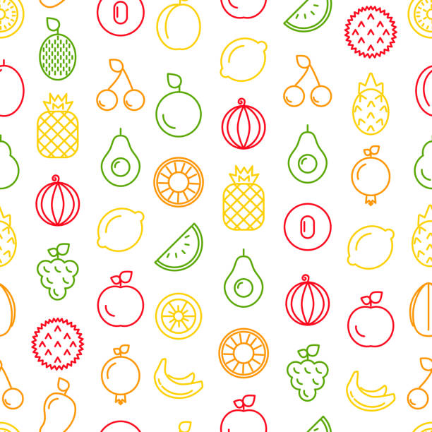 벡터 라인 과일 아이콘 패턴 또는 배경 그림 - wallpaper pattern raspberry pattern seamless stock illustrations
