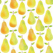 istock Watercolor Pears Seamless Background Pattern.Hand Painted Minimalist Seamless Pattern with Watercolor Whole Pears and Green Leaves. 1134227540