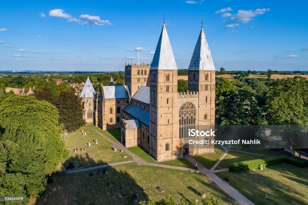Southwell Mister and Romanesque Cathedral Southwell Mister and Romanesque Cathedral in Nottinghamshire, England, UK. Aerial view Nottingham Stock Photo