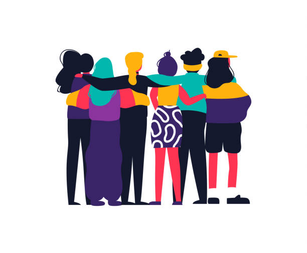 Happy girl friend group hug on isolated background Diverse women friend group hugging together for feminist concept or womens right event. Modern young woman dressed in trendy urban fashion. Female team hug on isolated background with copy space. millennials stock illustrations