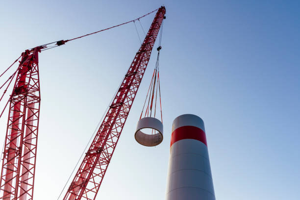 Construction of a wind turbine on a field / Hatzenbuehl, Rhineland-Palatinate, germany, Europe stock photo