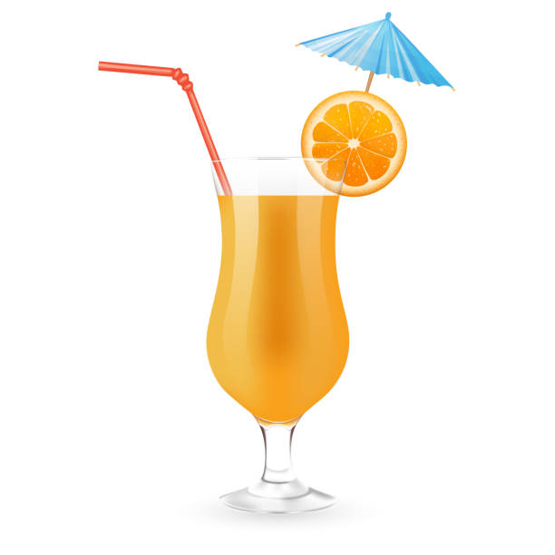 Orange juice with slice of orange, party umbrella and rad straw Orange juice with slice of orange, party umbrella and rad straw tropical cocktail stock illustrations