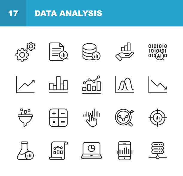 데이터 분석 라인 아이콘입니다. 편집 가능한 스트로크. 완벽 한 픽셀. 모바일 및 웹에 적합 합니다. 설정, 데이터 과학, 빅 데이터, 인공 지능, 통계 등의 아이콘이 포함 되어 있습니다. - business symbol stock illustrations
