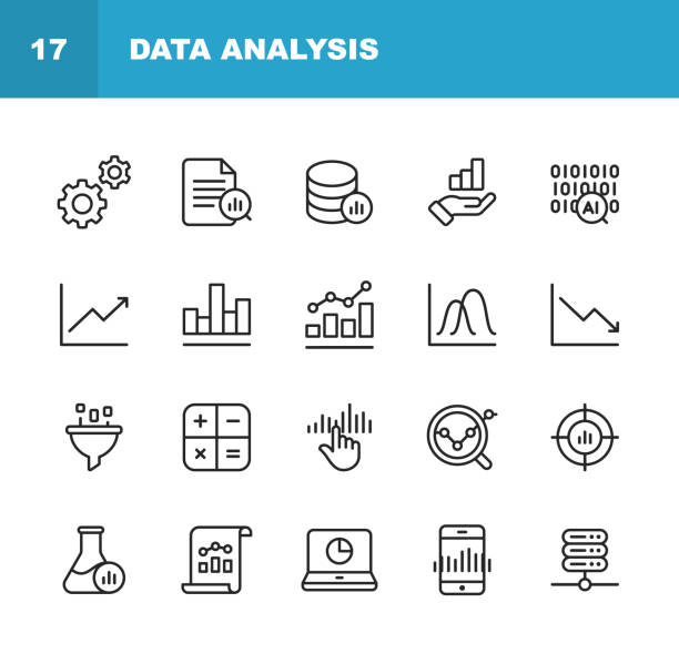 데이터 분석 라인 아이콘입니다. 편집 가능한 스트로크. 완벽 한 픽셀. 모바일 및 웹에 적합 합니다. 설정, 데이터 과학, 빅 데이터, 인공 지능, 통계 등의 아이콘이 포함 되어 있습니다. - analyzing stock illustrations