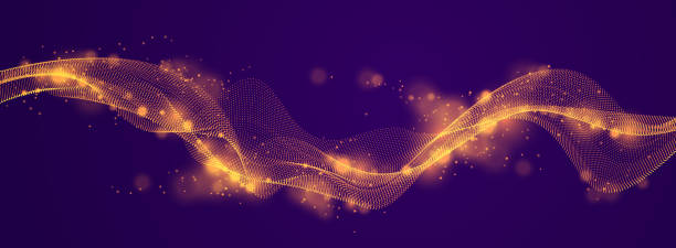 Dynamic particles sound wave flowing over dark. Dotted curves vector abstract background. Beautiful 3d wave shaped array of shining blended points. Dynamic particles sound wave flowing over dark. Dotted curves vector abstract background. Beautiful 3d wave shaped array of shining blended points. particle stock illustrations