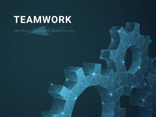 istock Abstract modern business background vector depicting teamwork with stars and lines in shape of cogwheels on blue background. 1134242046