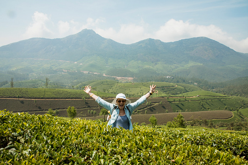 A wide-view shot of a senior female tourist standing in the keralan tea plantations in India, she is wearing casual clothing and celebrating with her arms raised.