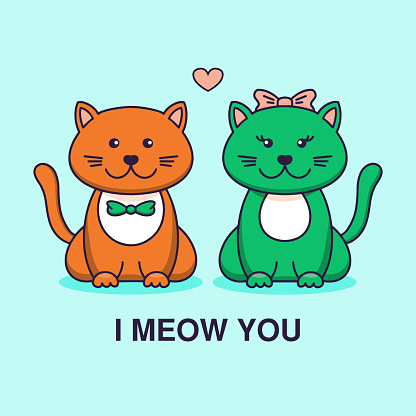 Cute Cat Couple Cartoon Linear Art Animal Sketch Vector Illustration Of Two  Little Smile Kitten Girl And Boy In Love With Bows Decor And Heart Flat  Outline Style Isolated I Meow You
