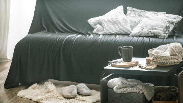 istock Cozy home interior living room with black sofa 1134245810