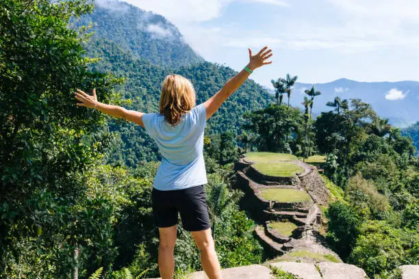 Hiker enjoy the Panoramic view on the terraces of the Lost City (Ciudad Perdida) in the Sierra Nevada de Sante Marta- Santa Marta/ Magdalena/ Colombia