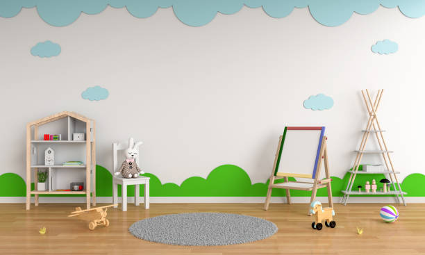 istock Drawing board and chair in child room interior, 3D rendering 1134246544