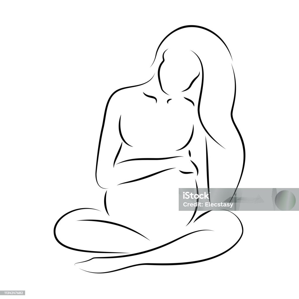 Beautiful silhouette of pregnant woman Beautiful silhouette of pregnant woman holding her belly, sitting on the ground. Pregnancy vector line art logo on white Pregnant stock vector