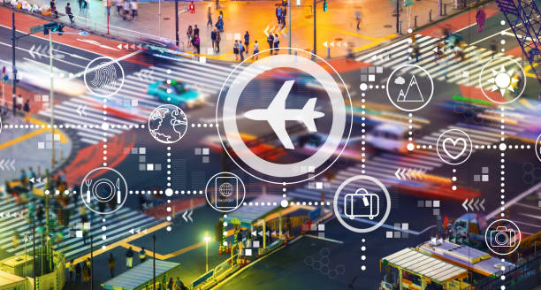 istock Airplane travel theme with city traffic intersection 1134248022