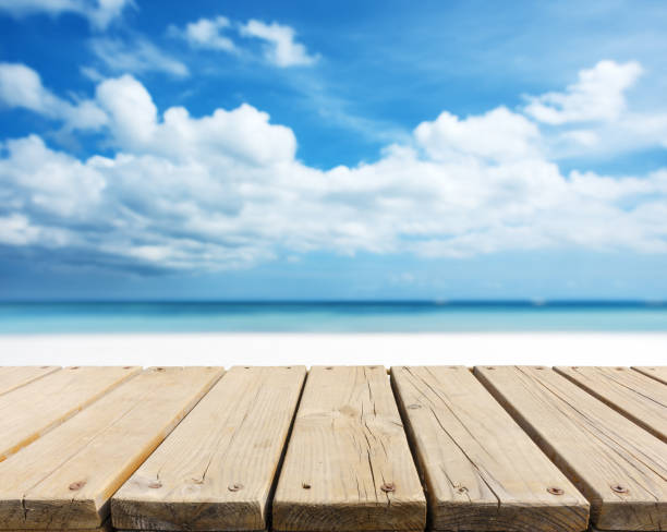 istock Wooden platform and tropical beach abstract background 1134248555