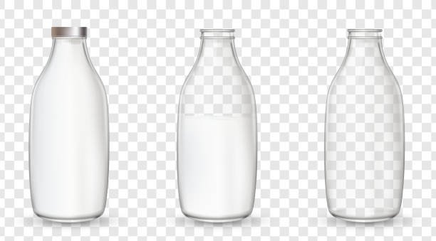 Realistic glass bottles with a milk. Realistic glass bottles with a milk. Empty, full and closed milk jars. Vector illustration isolated on transparent background. glass of milk transparent background stock illustrations