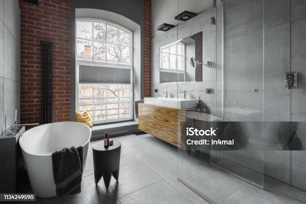 Industrial Style Bathroom Stock Photo - Download Image Now - Bathroom, Domestic Bathroom, Fashion