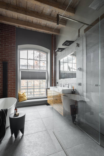 istock Loft bathroom with wooden ceiling 1134249606