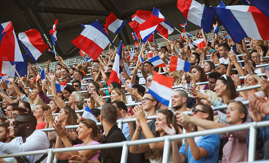 France colored flags waving above large crowd on a stadium sport match.