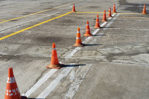 istock Traffic cones in driving school for driving training 1134250867