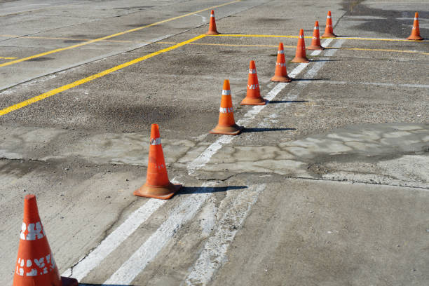 traffic cones in driving school for driving training - driving training car safety imagens e fotografias de stock