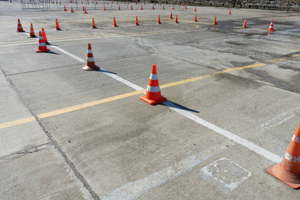 istock Traffic cones in driving school. Close up 1134250939