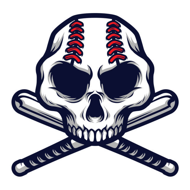 schädel mit gekreuzendem baseball-bat-logo-abzeichen - skull baseball ball stock-grafiken, -clipart, -cartoons und -symbole