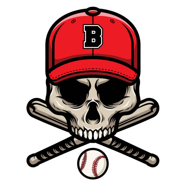 schädel mit gekreuztem baseballbat und wearing a cap logo-abzeichen - skull baseball ball stock-grafiken, -clipart, -cartoons und -symbole