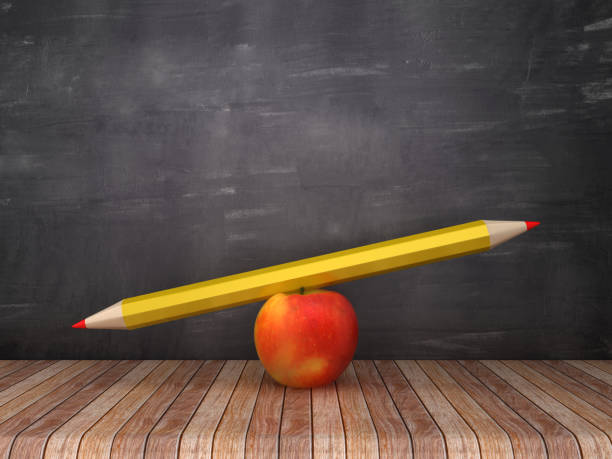 Seesaw Scale with Pencil and Apple on Chalkboard Background - 3D Rendering