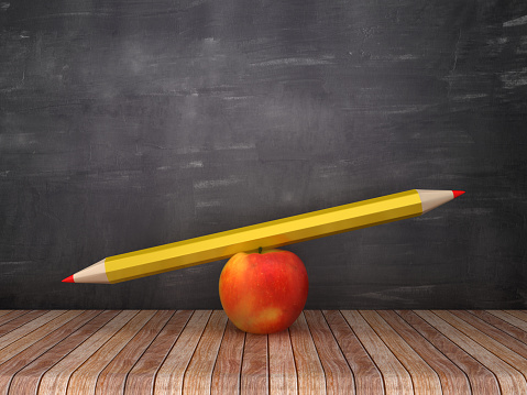 Seesaw Scale with Pencil and Apple on Chalkboard Background - 3D Rendering
