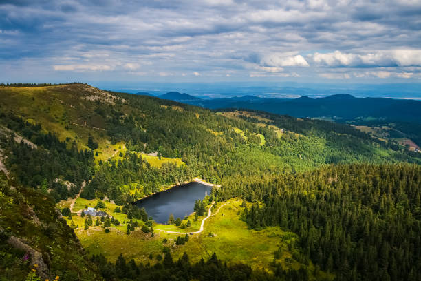 Vosges mountains landscape in summer, Alsace, France. Lac du Forlet overlook from turf du Faing. stock photo