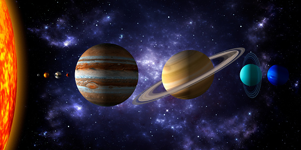 Sun and the eight planets of the solar system with deep space and dramatic nebula background.Realistic 3d illustration of the rendering of the planets size. No text. Free for commercial use surface textures and rings from https://www.solarsystemscope.com/textures/.