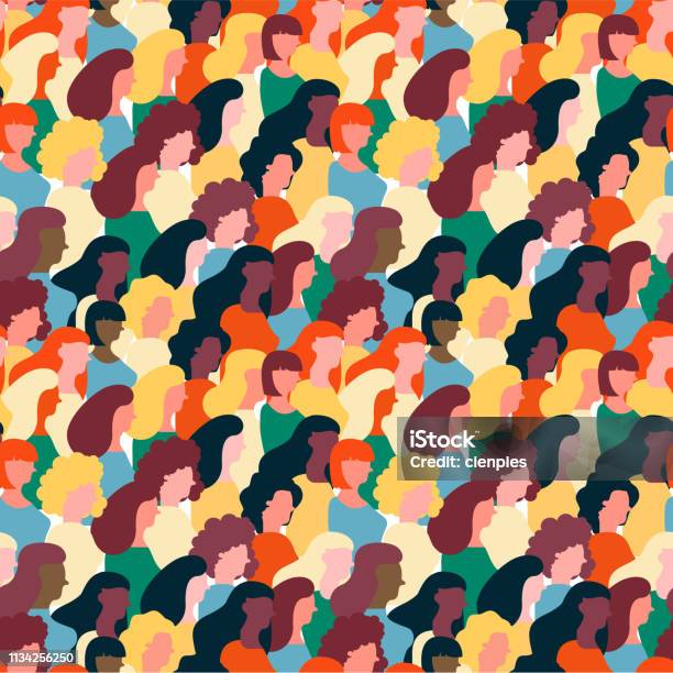 Diverse Woman Crowd Pattern For Womens Day Stock Illustration - Download Image Now - Women, Pattern, Multiracial Group