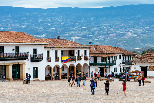 Villa de Leyva, Boyaca, Colombia, 30.th of June 2018: Street scene of the main square in Villa de Leyva