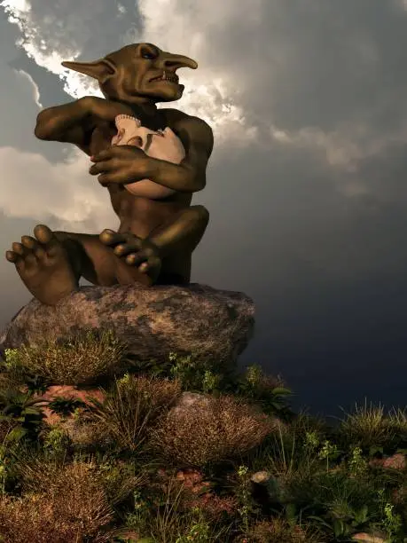 A little goblin with green skin sits on a pile of rocks and eats from a skull like it's a bowl.  The fantasy monster looks to the side with a sneer.  3D Rendering