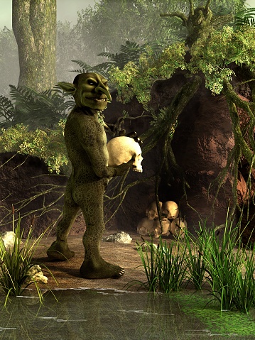 A sinister green goblin glances back at you with a skull in its hands.  It stands by a washed out area by a pond where it keeps its collection of victim's skulls. 3D Rendering