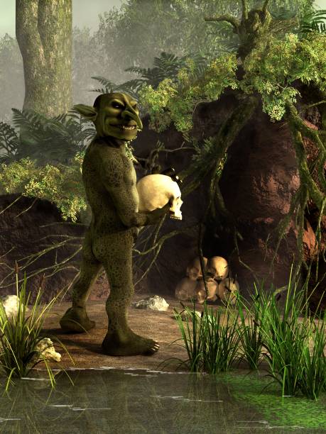 Goblin with Skull Collection A sinister green goblin glances back at you with a skull in its hands.  It stands by a washed out area by a pond where it keeps its collection of victim's skulls. 3D Rendering goblin stock pictures, royalty-free photos & images