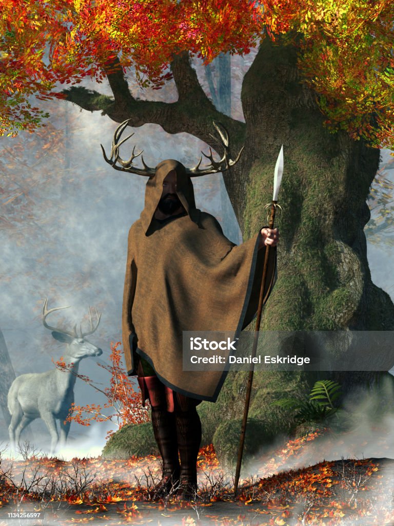 Herne the Hunter A hooded man holding a spear in one hand and with antlers sprouting from his head stands in an enchanted wood. Behind him a white stag wanders through the forest. 3D Rendering Autumn Stock Photo