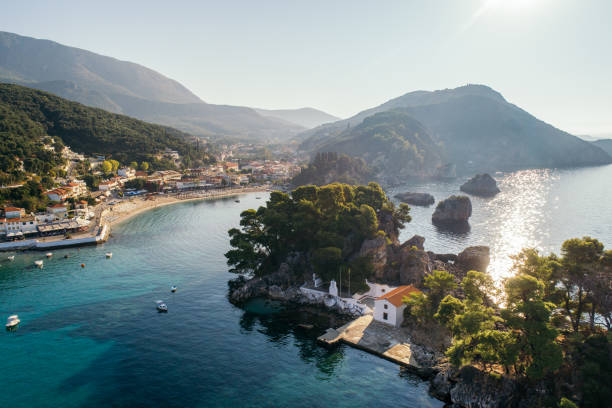 Discover Greece - Parga Panagia chapel on small island near Parga village, Greece parga greece stock pictures, royalty-free photos & images