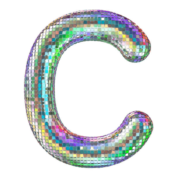 Disco font, letter C from glitter mirror facets. 3D rendering isolated on white background
