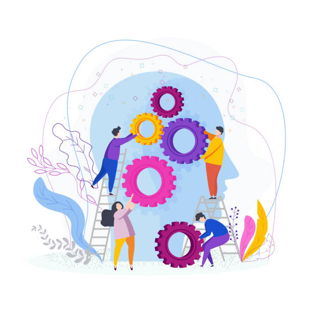 Tiny people collect gear in the human head Tiny people collect gear in the human head. The development of imagination and creativity, the emergence of ideas, brainstorming, innovation. Flat vector illustration. resourceful stock illustrations