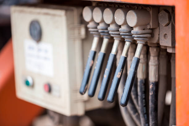 istock Old crane truck hydraulic control. 1134266200